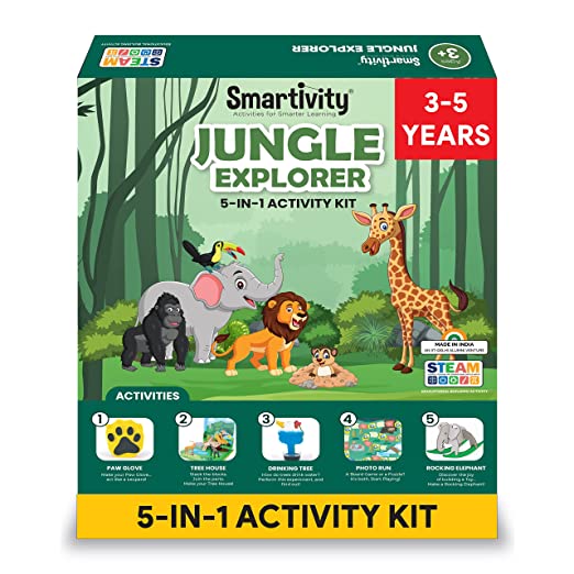 Smartivity Jungle Explorer Activity Kit for 3 to 5 Years Kids | 5 in 1 Activities - Tree House, Science Experiment, Rocking Elephant & More Toy / Game for Girls & Boys Age 3,4 5 Years Pack of 10