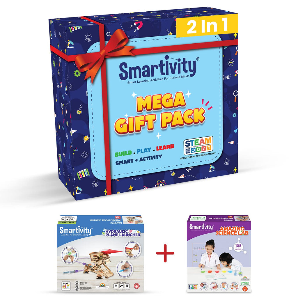 Smartivity Mega Gift Pack for Kids Age 6 to 14 Years Old | Plane Launcher + Science / Chemistry Kit Gift Combo Set for Kids 6-8-10-12 Years Old Boys & Girls | Made in India Pack of 4