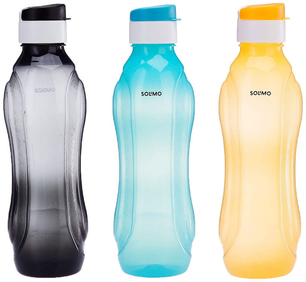 अमेज़ॅन ब्रांड सोलिमो प्लास्टिक पानी की बोतल सेट फ्लिप कैप 3 सेट का पैक