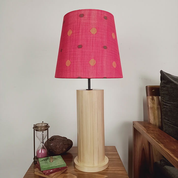 Cedar Beige Wooden Table Lamp with Red Printed Fabric Lampshade