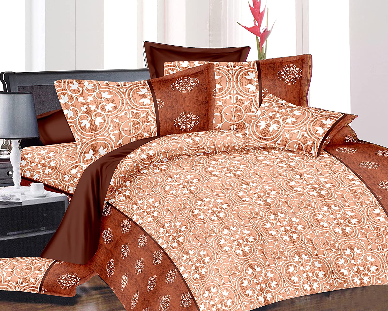 Sleeping Owls Satiny Printed 100% Soft Cotton 210 Tc Super King Bedsheet with 2Pc Pillow Cover-274 cm X 274 cm - S-108 (Rust)