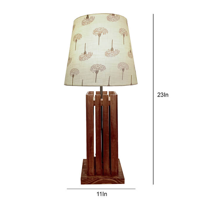 Elegant Brown Wooden Table Lamp with Yellow Printed Fabric Lampshade