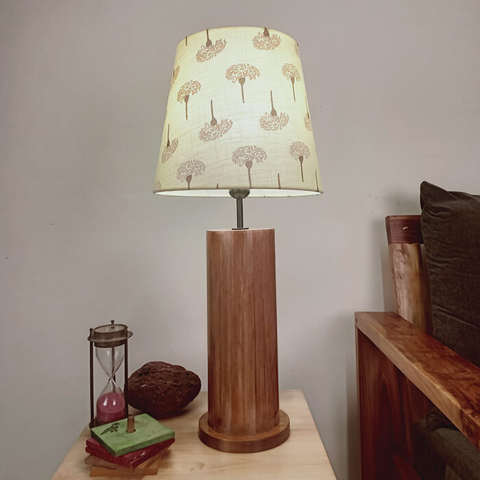 Cedar Brown Wooden Table Lamp with Yellow Printed Fabric Lampshade