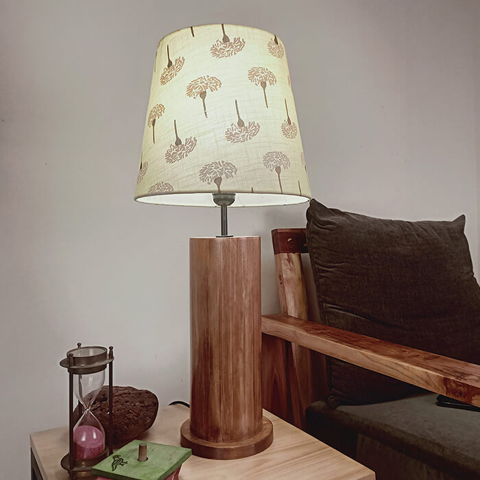 Cedar Brown Wooden Table Lamp with Yellow Printed Fabric Lampshade