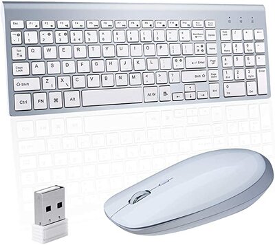 Wireless Keyboard Mouse Combo Sanhoton 2.4G Ultra Thin Silver White