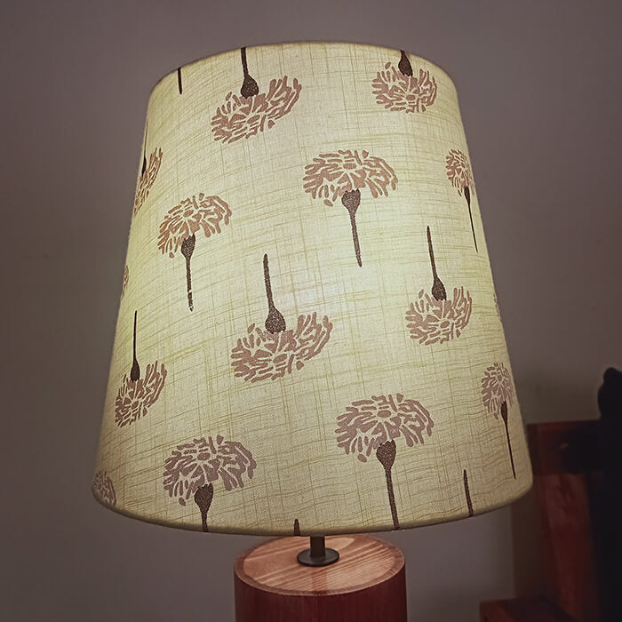 Cedar Brown Wooden Table Lamp with Yellow Printed Fabric Lampshade