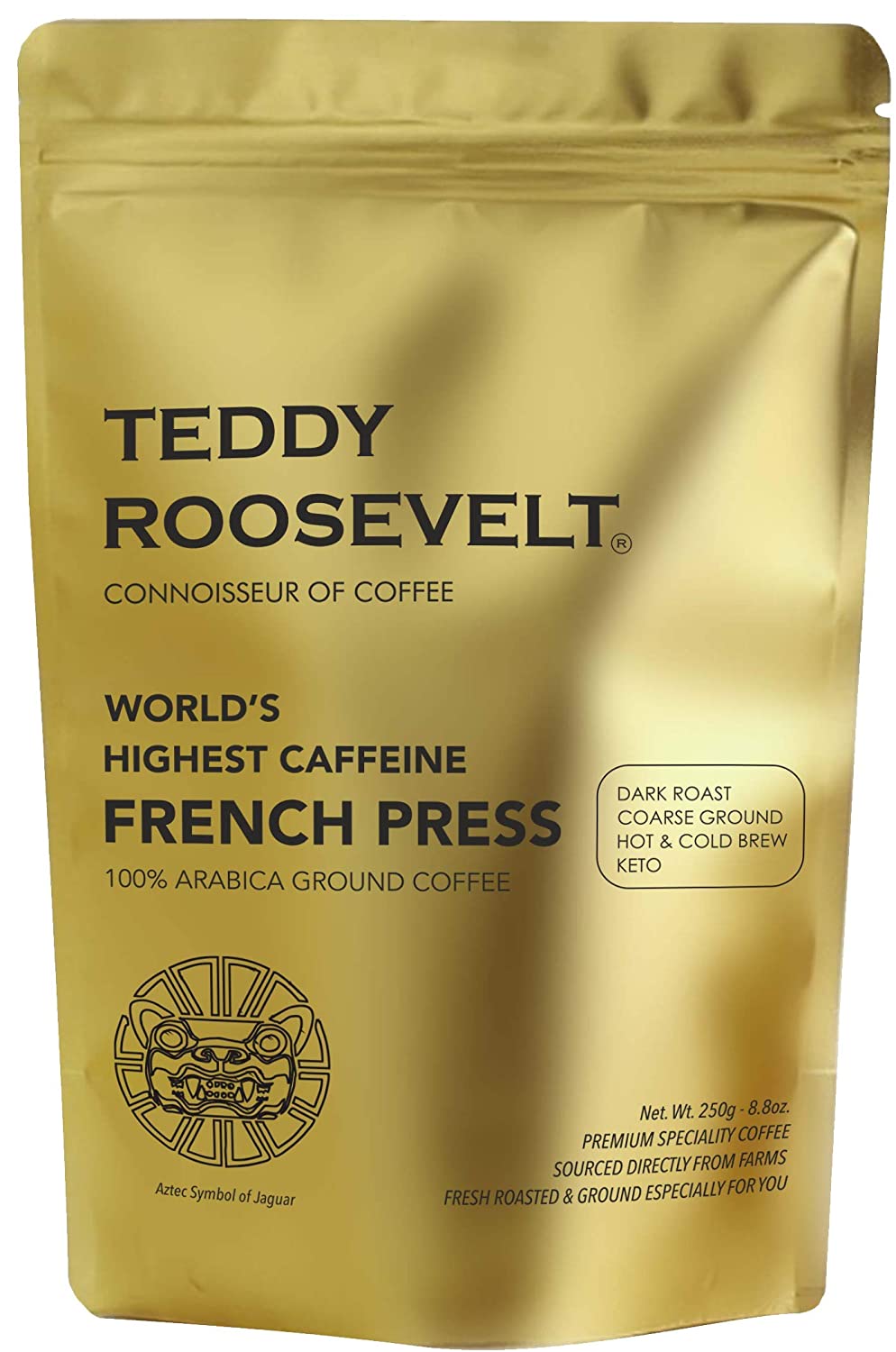 Teddy Roosevelt High Caffeine French Press Coffee Powder, Arabica Dark Roast Coarse Ground, 250g