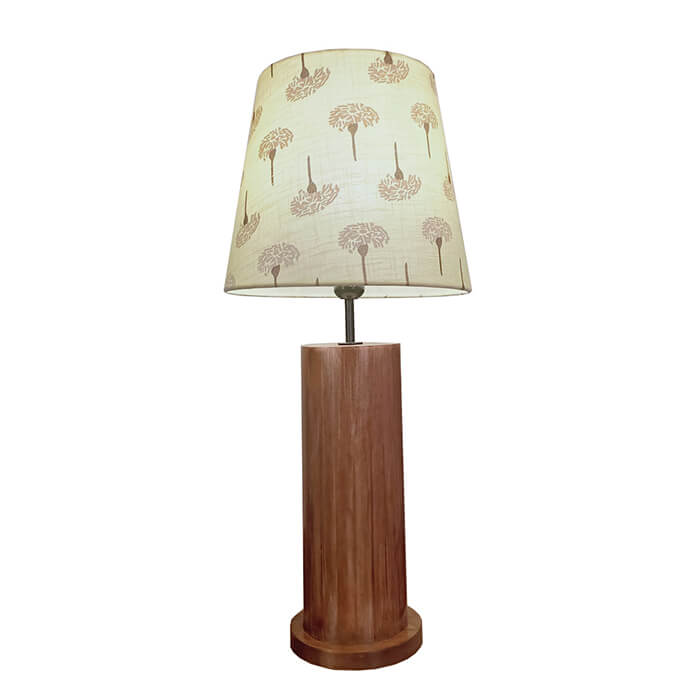 Cedar Brown Wooden Table Lamp with Yellow Printed Fabric Lampshade