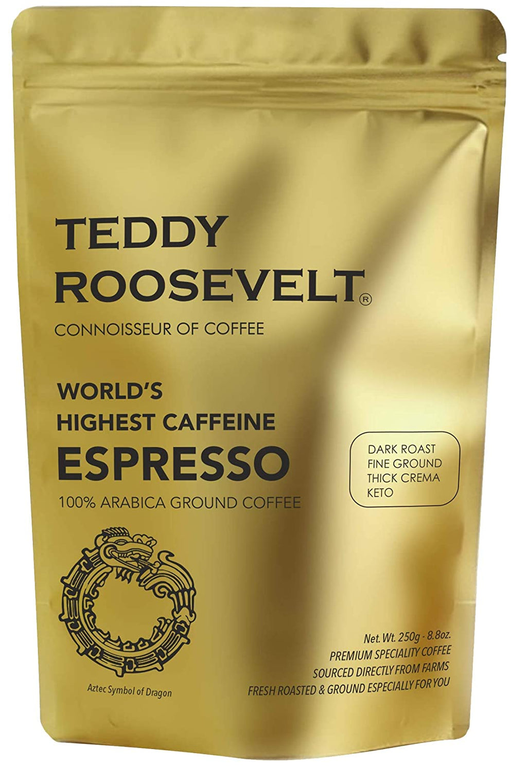 Teddy Roosevelt High Caffeine Espresso, Arabica Dark Roast Fine Ground, 250g