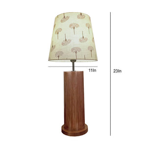 Cedar Brown Wooden Table Lamp with Yellow Printed Fabric Lampshade