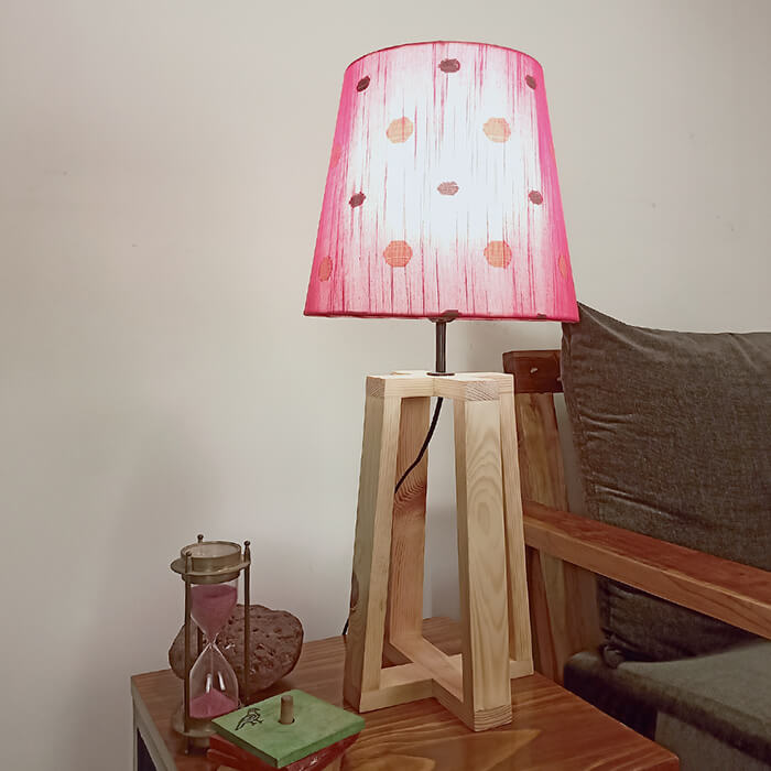 Blender Beige Wooden Table Lamp with Red Printed Fabric Lampshade