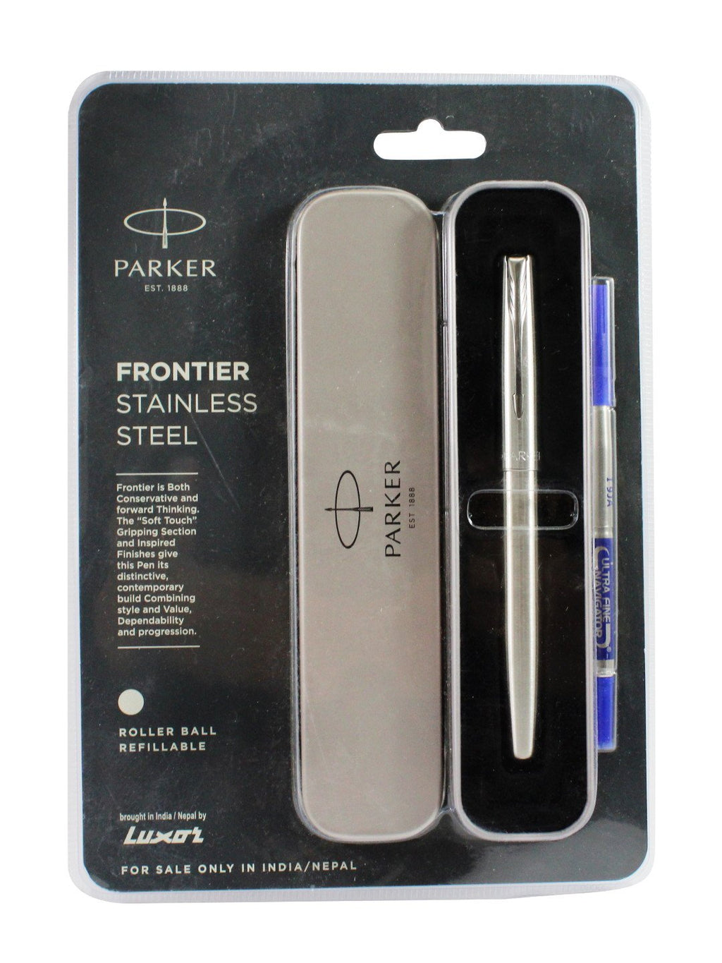 डिटेक™ पार्कर फ्रंटियर स्टेनलेस स्टील रोलर बॉल पेन रीफिल करने योग्य