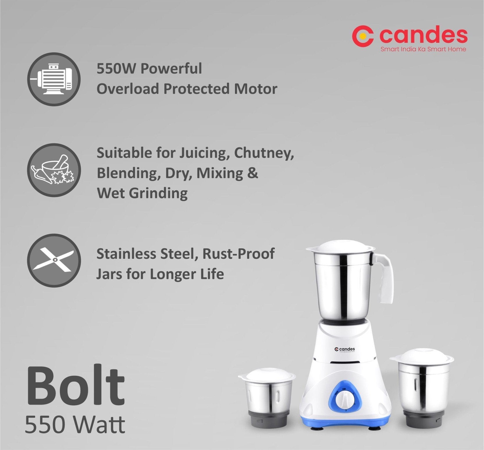 Candes Bolt 550-Watt Mixer Grinder with 3 Jars