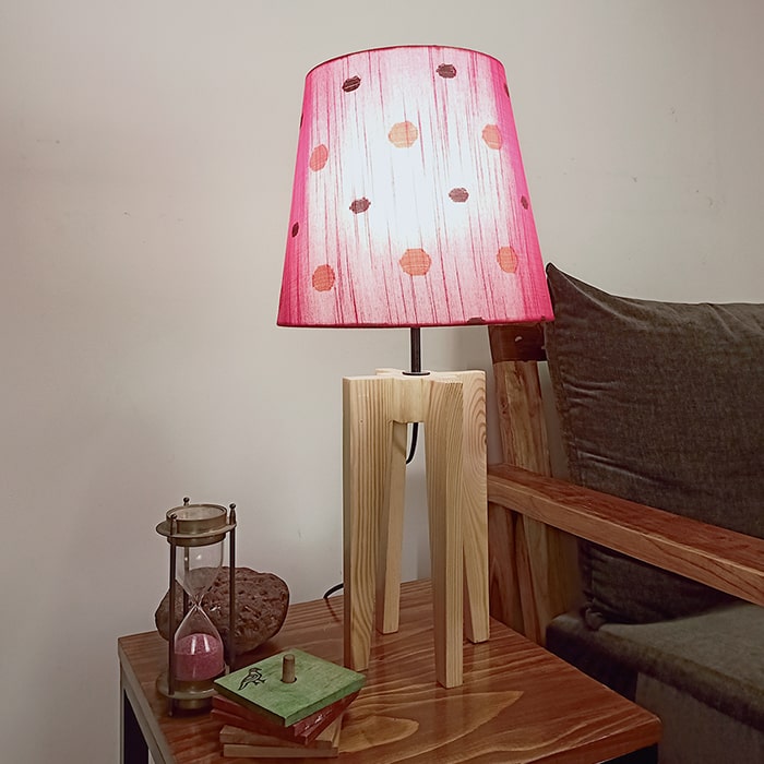 Jet Beige Wooden Table Lamp with Red Printed Fabric Lampshade