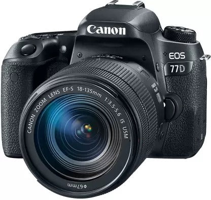 सिंगल लेंस के साथ प्रयुक्त कैनन EOS 77D DSLR कैमरा बॉडी: EF-S18-135 IS USM 16 GB SD कार्ड + कैमरा बैग ब्लैक