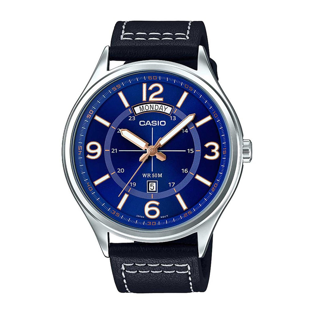 Casio Enticer पुरुषों के लिए एनालॉग नीले डायल वाली पुरुषों की घड़ी MTP E129L 2B1VDF A1240