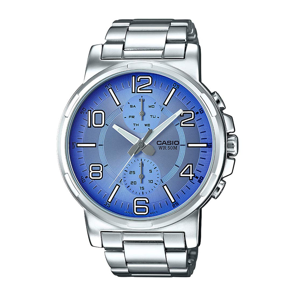 Casio Enticer पुरुषों के लिए एनालॉग नीले डायल वाली पुरुषों की घड़ी MTP E313D 2B2VDF A1213
