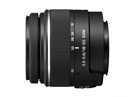 सोनी अल्फा डिजिटल एसएलआर कैमरा के लिए प्रयुक्त सोनी 18-55 मिमी एफ/3.5-5.6 एसएएम डीटी मानक ज़ूम लेंस काला