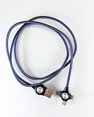 3 -in - 1 USB Type Data & Charging Cable - Type C & Micro USB & Lightning Port - Denim fabric - Blue Colour - 1 Meter - 2 A - Detech Devices Private Limited