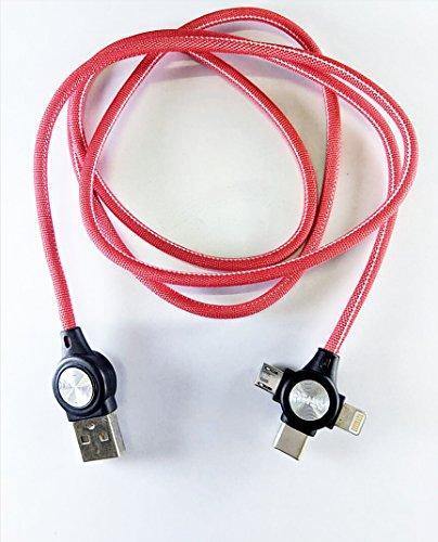 3 - in - 1 USB Type Data & Charging Cable - Type C & Micro USB & Lightning Port - Denim Fabric - Red Colour - 1 Meter - 2 A - Detech Devices Private Limited