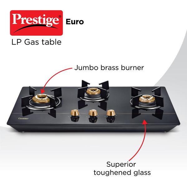 Prestige Euro L.P Gas Table With Toughened Glass Top, 3 Brass Burners
