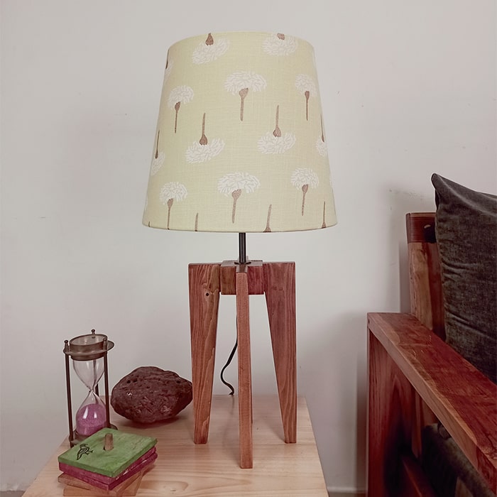Jet Brown Wooden Table Lamp with Yellow Printed Fabric Lampshade