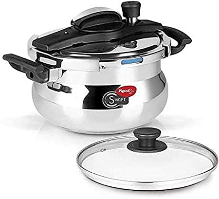 Pigeon Swift Stainless Steel Pressure Cooker Handi with Induction Base, 5 Litre with one Stainless Steel lid and One glass serving lid