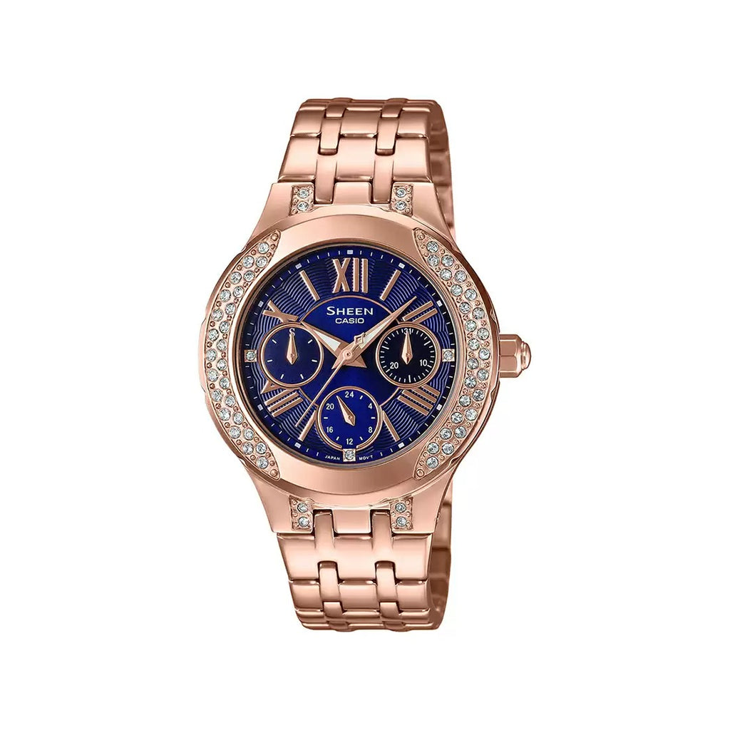 Casio Sheen SHE 3809PG 2AUDF SX269 Pink Gold Blue IP Women's Watch