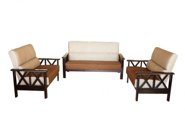 Detec™Oak Wood Sofa Set in Cream and Brown Colour Judy Fabric