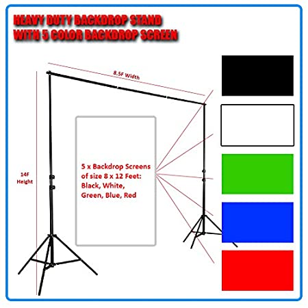 Digiphoto प्रोफेशनल ग्रेड बैकड्रॉप लाइट स्टैंड 14 फीट ऊंचाई 5 रंग स्क्रीन के साथ: काला, सफेद, लाल, हरा, नीला (8x12F)