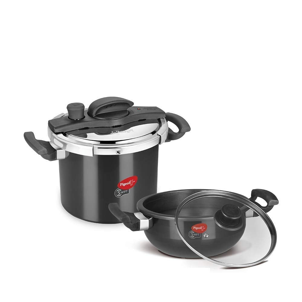 Pigeon Swift 12784 Induction Base Hard Anodised Pressure Cooker Combi Pack with Glass Lid and Kadai, 6L + 3L, Black