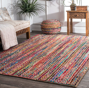 Detec™ Eco-friendly Recycled Jute & Chindi Handmade Braided Area Rug – Colorful Straight Line Design 