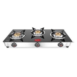 Pigeon Ayush 3 Burner High Powered Brass Burner Gas Stove, Cooktop with Glass Top and Stainless Steel Body (Black), Standard
