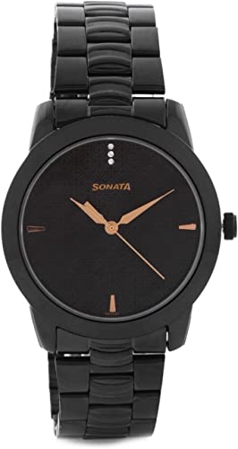 Sonata Men's Black Dial Stainless Steel Band Watch 7924NM01