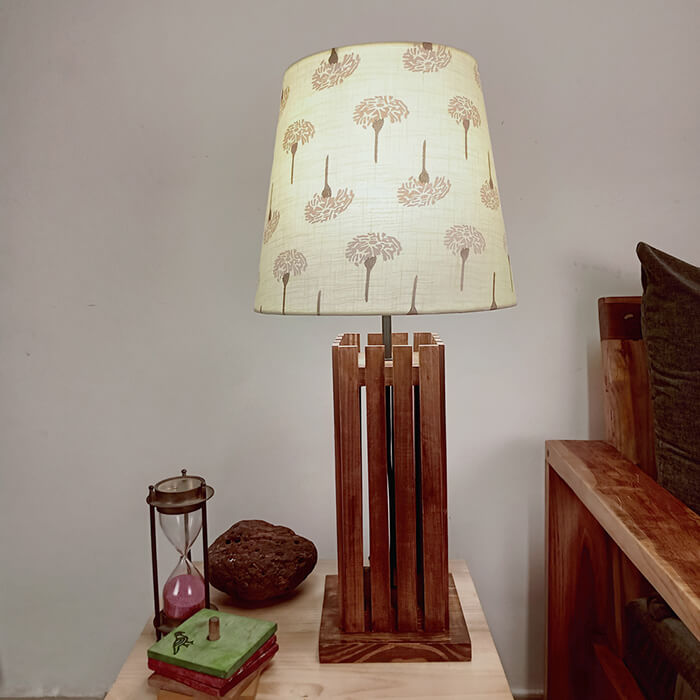 Elegant Brown Wooden Table Lamp with Yellow Printed Fabric Lampshade