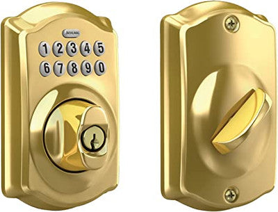 Schlage BE365 CAM 505 Camelot Keypad Deadbolt, Electronic Keyless Entry Lock, Bright Brass