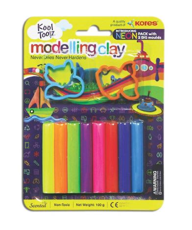 Kores Kool Clay 100 Grams 8 Neon Shades & 2 Moulds Pack of 10
