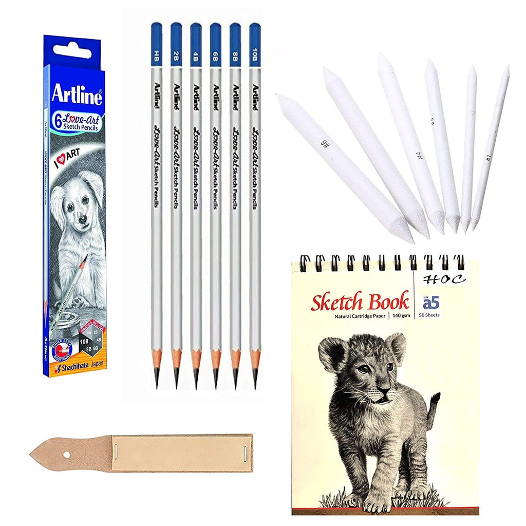 Detec™ Artline Set of 6 Love-Art Sketch Pencils + Blending/Smudging Stumps Set of 6 (Size 1 to 6) + Sand Paper Pencil/Stump Sharpener + A5 Sketch Book of Natural Cartridge Paper (140 GSM) 50 Sheets