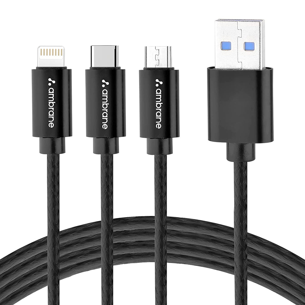 Detec™ Ambrane Unbreakable 3 In 1 Fast Charging Braided Pack of 2