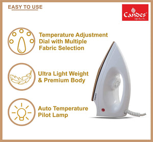 Candes Light Weight Electric Dry Iron White 100% Non Stick Teflon Coating