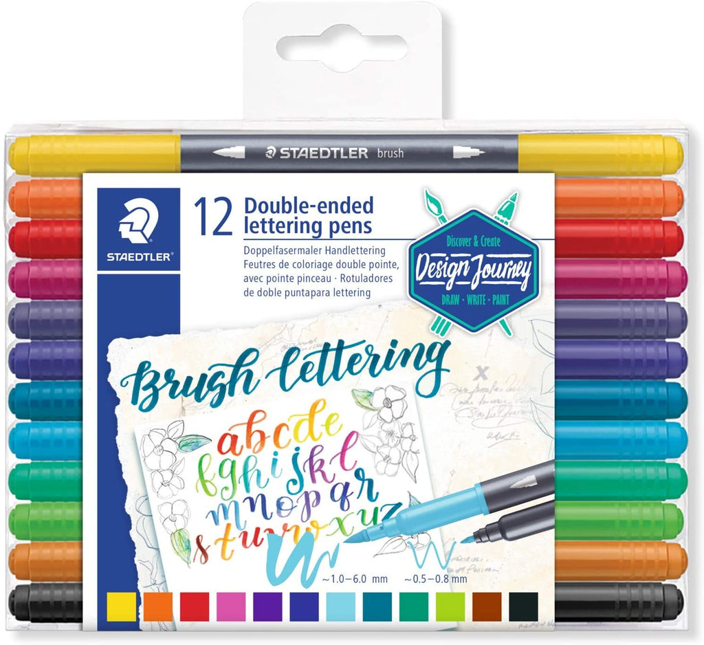 Detec™ STAEDTLER Design Journey 3004 TB12 double-ended lettering pens in 12 assorted colours, 17,2 x 12,4 x 1 cm