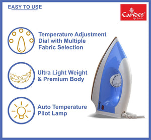 Candes Light Weight Electric Dry Iron White & Blue 100% Non Stick Teflon Coating