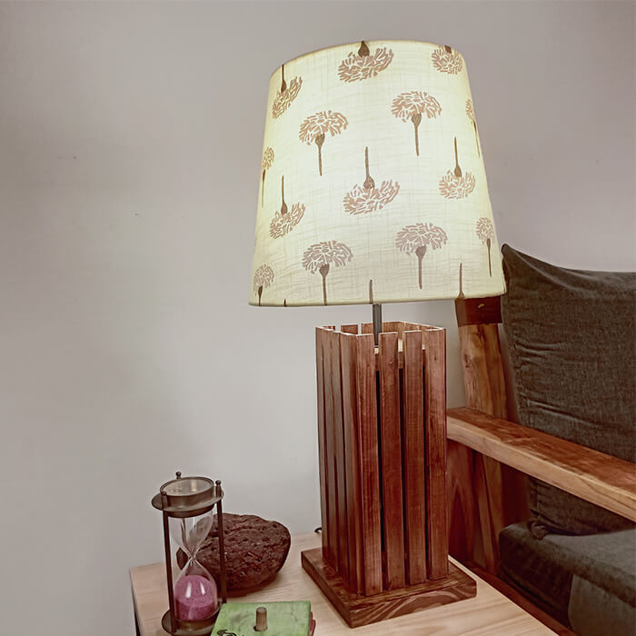 Elegant Brown Wooden Table Lamp with Yellow Printed Fabric Lampshade