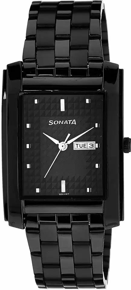 Sonata Black Dial Black Stainless Steel Strap Watch NM7953NM02