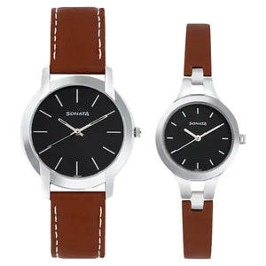 Sonata Black Dial Brown Leather Strap Watches NP79548151SL01