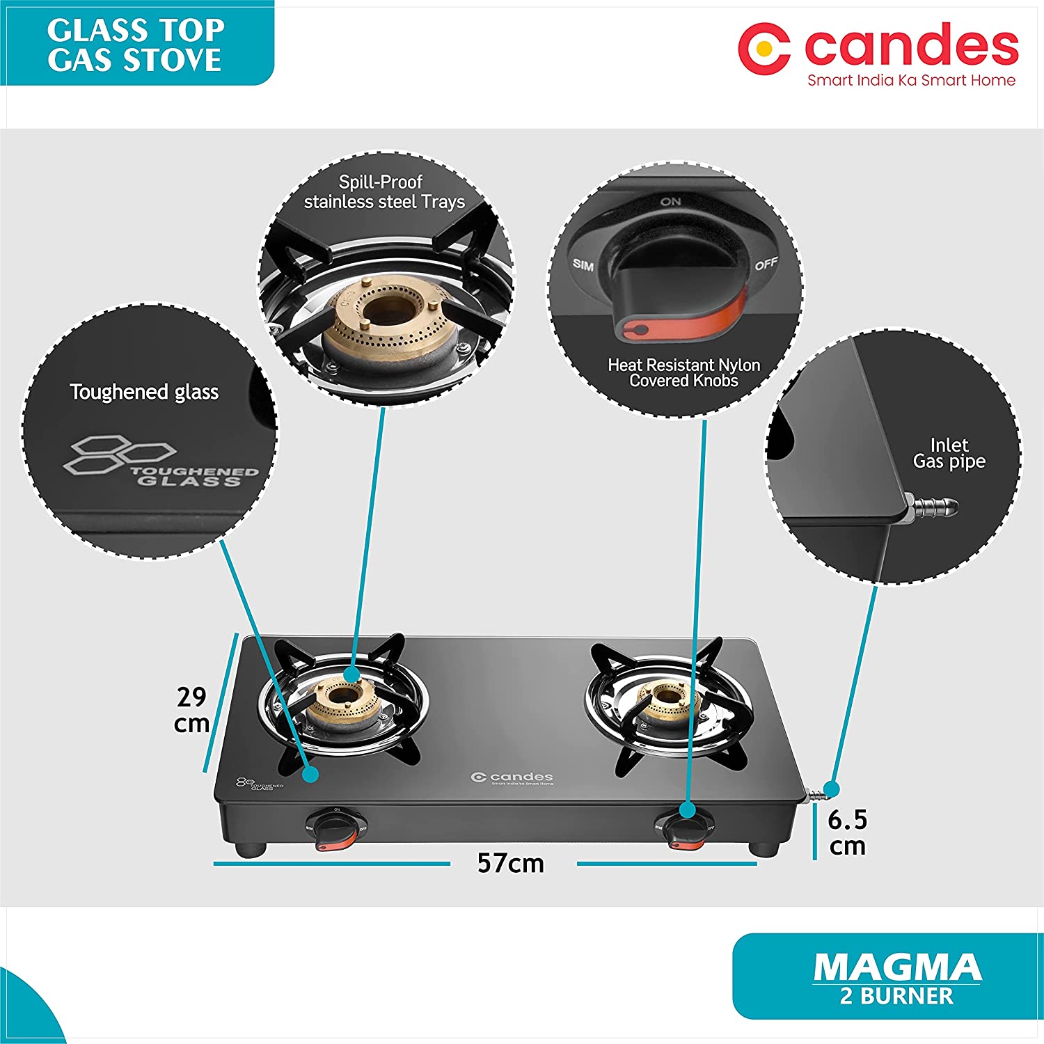 Magma Glass Top 2 Burners Gas Stove, Manual Ignition, Black