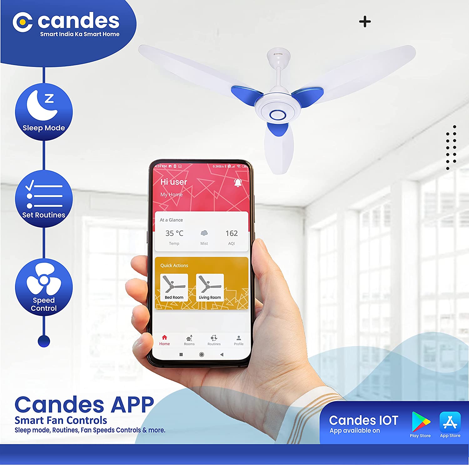 Candes IOT Smart Wi-Fi - Works With Alexa, Google Assistant, Remote & Candes App (White Blue)