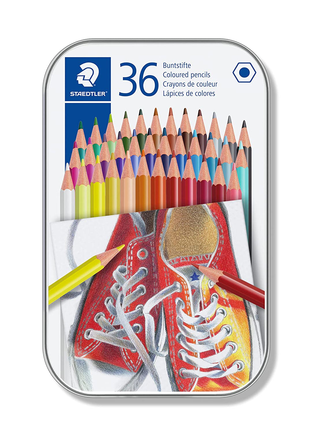 Detec™ Staedtler रंगीन हेक्सागोनल पेंसिलें मेटल बॉक्स में 36 रंगीन पेंसिलों की पैकिंग 175 M36
