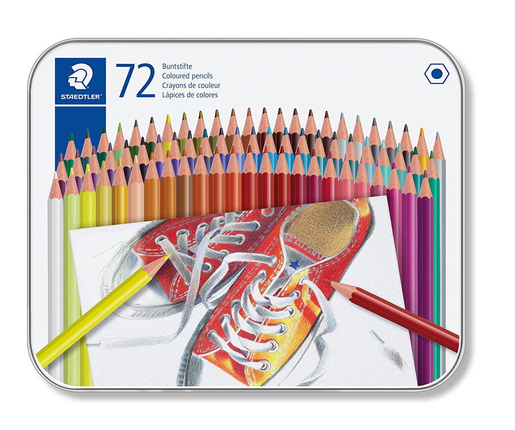Detec™ STAEDTLER रंगीन हेक्सागोनल पेंसिलें धातु बॉक्स में 72 रंगीन पेंसिलों की पैकिंग में