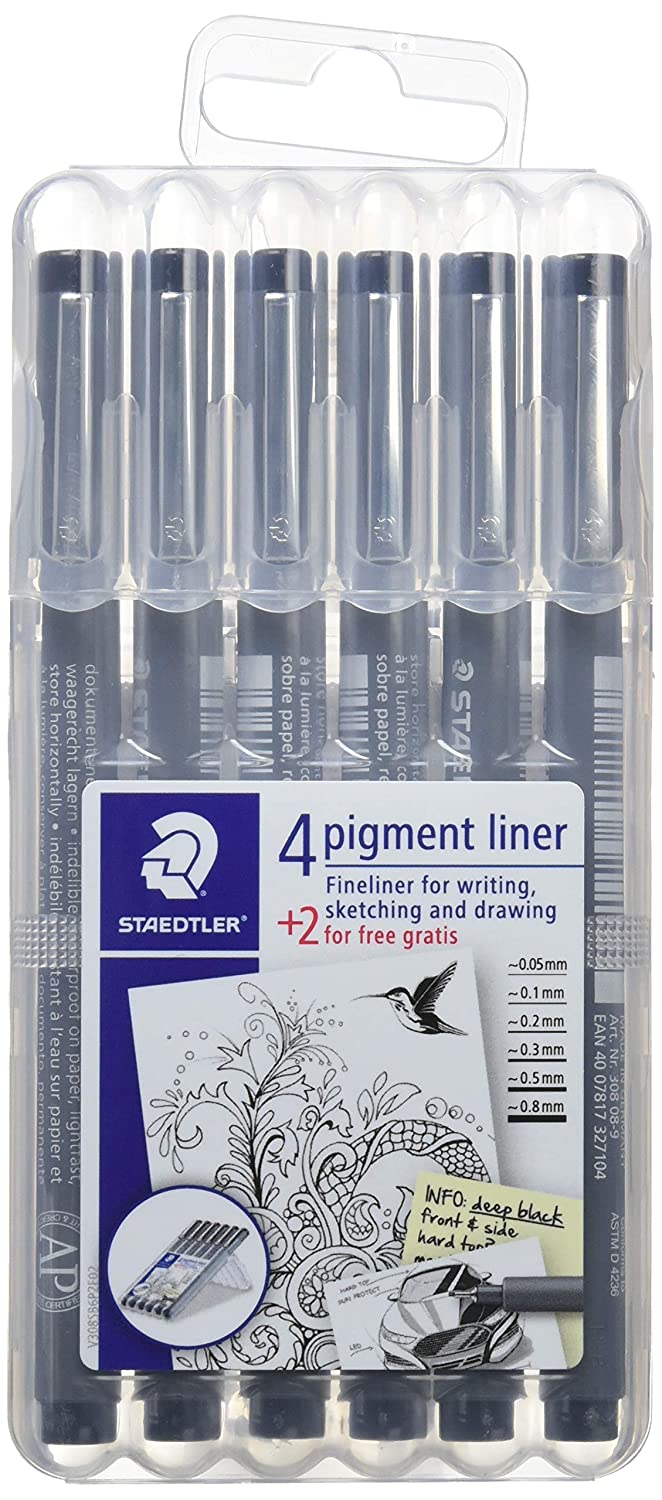 Detec™ Staedtler Pigment Liner Bonus Sketch Set of 6 Liners for The Regular Price of 4(2 Free), 308SB6P